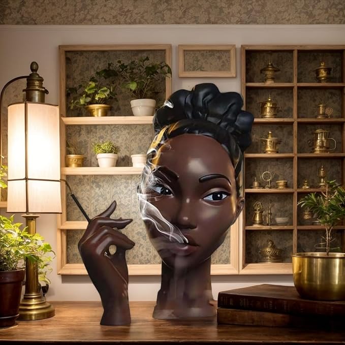 10 Inch Head Incense Burner Black Woman, Exquisite and Elegant Incense Burner,Unique Home Gift Table Accessories,Calm Room Waterfall Decoration (Eyes Open)