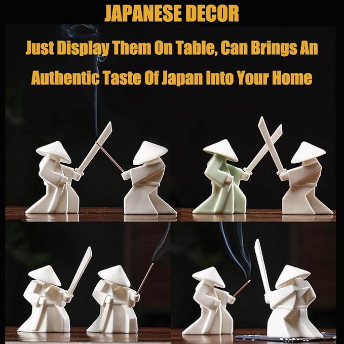 EAEMDY Samurai Figure Figurine Japanese Warrior Statue Decor for Table Room, Incense Holder for Stick Burner Incense Stick Holder, Kongfu Tea Pet Decoration (6.White A+Green A)
