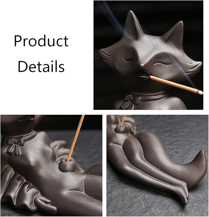 ChangWanna Incense Holder for Sticks - Funny Fox Insence Burner Ash Catcher, Cute Ceramic Insense Stand with 45 Sandalwood Incense Sticks for Aromatherapy/Yoga/Meditation/Home Living Room Office Décor