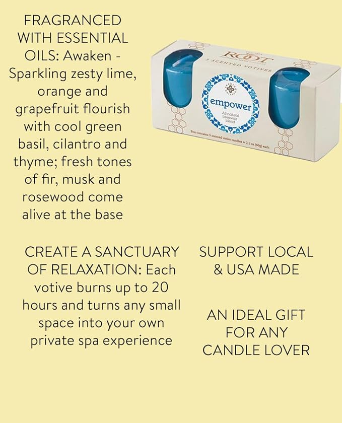 Root Candles Scented Votive Candles Seeking Balance® 20-Hour Spa Aromatherapy Candles, 3-Count, Awaken: Basil & Lime