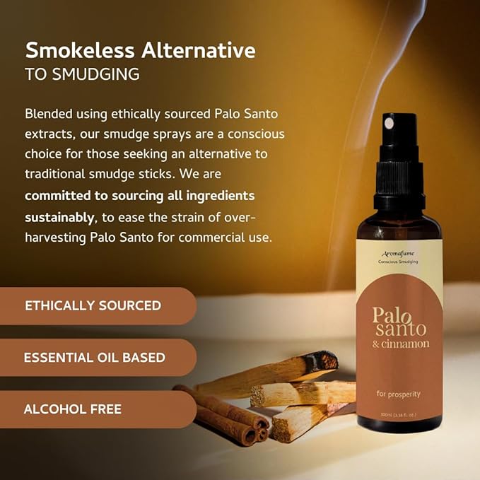 Palo Santo & Cinnamon Smudge Spray by Aromafume | 1 x 100ml / 3.38 fl oz l Aromatherapy | With Essential oils | Room Linen Spray | Natural Air freshners for home | Spiritual Meditation Accessories