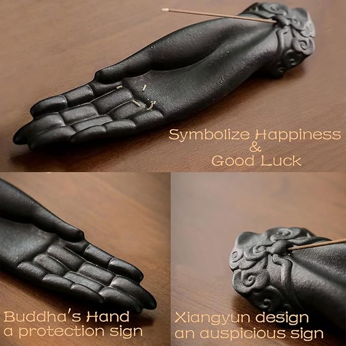 Ceramic Incense Holder for Sticks - Incense Burner Holder Zen Decor with Buddha Hand Design Protection from Evil - 10.2" L X 2.5" W X 1.2" H