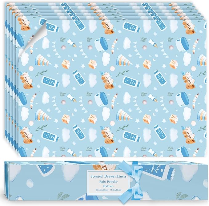 SCENTORINI Drawer Liners, 6 Sheets Fragrant Paper Liners,Baby Powder Scent Non-Adhesive Paper Sheets for Home Closet, Dresser Drawers, for Home Fragrance