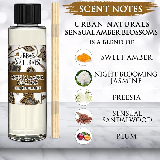 Urban Naturals Reed Diffuser Oil Refill, Sensual Amber Blossoms Fragrance Oil with Jasmine, Amber, Vanilla, 4 oz + Free Reed Sticks, Made in The USA