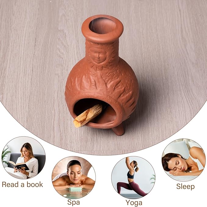 Handcrafted Terracotta Palo Santo Holder with Sun Face Design - Mini Chiminea Incense Burner for Sage & Copal - Thoughtful Gifts for Meditation, Yoga, Aromatherapy