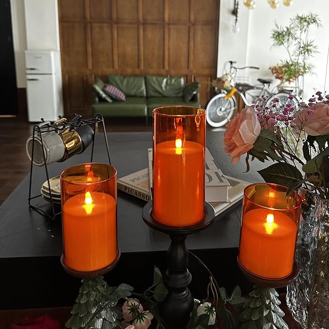 Flameless Candles, LED Candles with Remote Control and Timer, New Real Flickering 3D Wick Battery-Powered Acrylic Column Candles for Romantic Ambiences and Home Décor, Set of 3 (Orange)