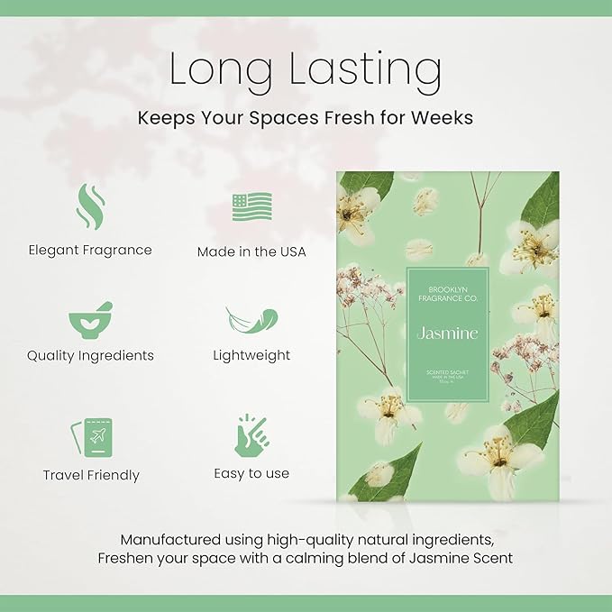 Brooklyn Fragrance Co. Spring Florals Sachet Bags – Jasmine Scented Pouches – Perfect Aroma for Drawers, Closets, Cars and Bathrooms – Long-Lasting Fresh Scent Sachets (6- Pack)