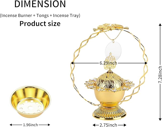 Metal Bakhoor Burner, Frankincense Resin Incense Burner, Charcoal Incense Burner, Incense Censer, Incense Burner for Yoga, Spa Aromatherapy Office Home Decor（Gold）