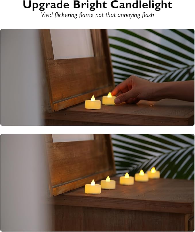 BEICHI 24-Pack Timer Tea Lights Candles Battery Operated, LED Tea Lights, Built-in 6 Hours Timer, Flameless Fake Candles, Tea Light Flickering Votive Candle 1.5'' D x 1.3'' H (Ivory Shell)