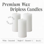 Mister Candle Dripless Unscented Pillar Candles, Set of 3 Hand Poured White Solid Color Non-Scented Candles for Home Decor, Premium Wax, 80 Hr Burn Time, 3x6 Inch