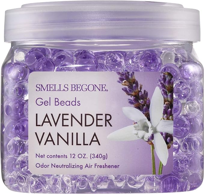 SMELLS BEGONE Odor Eliminator Gel Beads - Air Freshener - Eliminates Odor in Bathrooms, Cars, Boats, RVs & Pet Areas - Made with Essential Oils - Lavender Vanilla Scent - 12 Ounce
