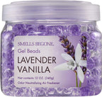 SMELLS BEGONE Odor Eliminator Gel Beads - Air Freshener - Eliminates Odor in Bathrooms, Cars, Boats, RVs & Pet Areas - Made with Essential Oils - Lavender Vanilla Scent - 12 Ounce