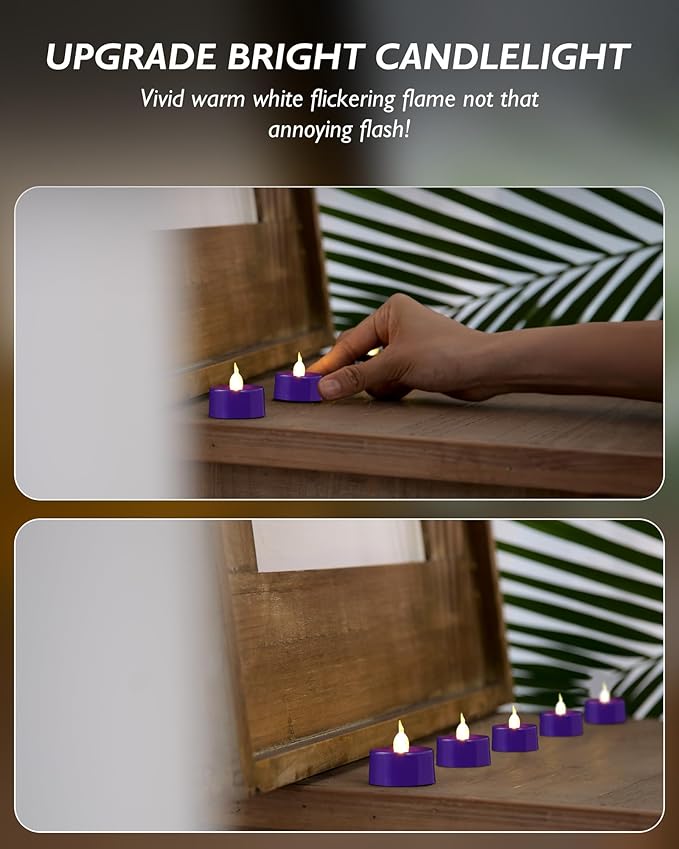 BEICHI Purple Flameless Candles, 24-Pack LED Tea Lights Candles Battery Operated, Electric Fake Tealight Candles, Votive Candles Bulk for Halloween, Christmas, Party, Mardi Gras