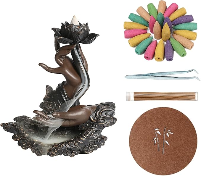 Comeon Backflow Incense Burner Handmade Resin Waterfall Incense Holder Ruyi Zen Hand Incense Waterfall Burner Home Decor + 20 Backflow Incense Cones 30 Incense Sticks 1 Tweezer 1 Mat