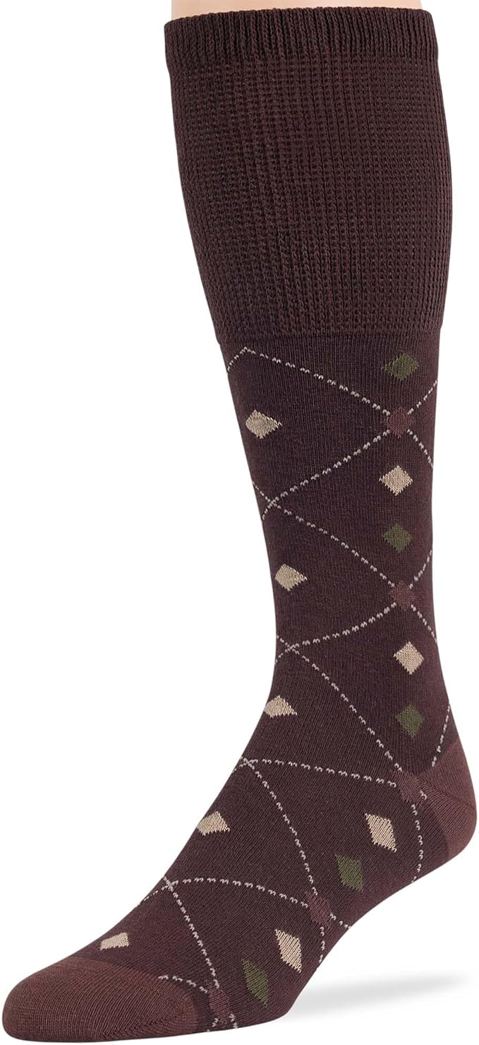 7BIGSTARS KINGDOM Men's Diabetic Fashion Non-Binding Cotton Dress Mid Calf Socks - 5 Pack Big Tall - Geometric, Argyle, Stripe - Sock Size 13-15 Shoe Size 12-15 XL Brown, Denim Blue