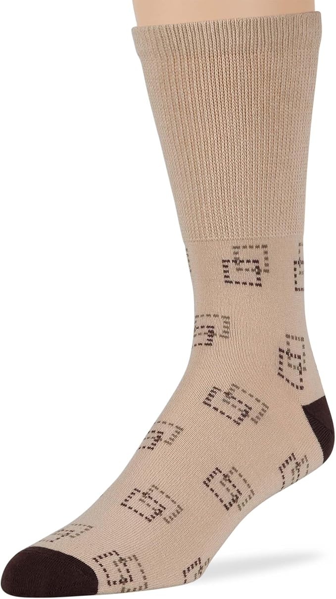Men's Diabetic Cotton Fashion Loose Crew Dress Socks - 5 Pack Large - Stripe Pattern - Sock Size 10-13 Shoe Size 9-12 L Light Beige, Beige, Khaki, Brown, Dark Brown