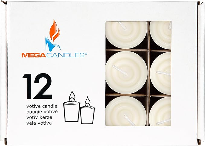 Mega Candles 12 pcs Unscented Off White Votive Candles, Hand Poured Wax Candle 15 Hour 1.5 Inch x 2.25 Inch, Home Décor, Wedding Receptions, Centerpieces, Occasions, Events, Festivities, Meditations