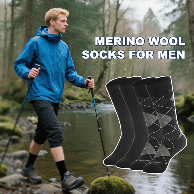 BISOUSOX Merino Wool Socks for Men, Thin Wool Socks Mens Black Dress Sock Crew Calf Long Tube Boot Size 9-12