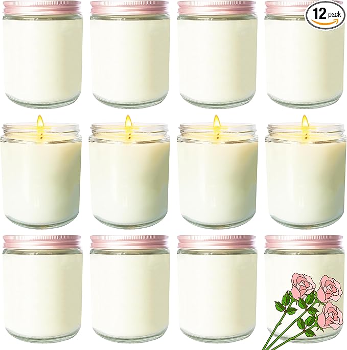 12 Pcs 8 Oz Bulk White Soy Candles,Rose Scented Candles Set,Bulk Aromatherapy Candle,Great Stress Relieving Scented Candle for Girls as a Gift for Birthdays, Weddings and More!