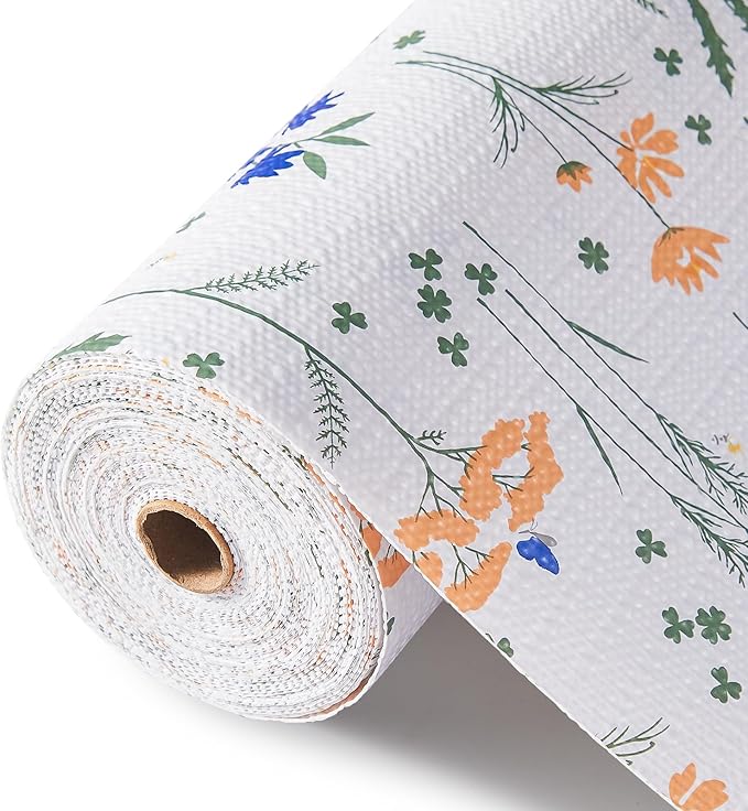 Drawer and Shelf Liner, Non-Slip Kitchen Cabinet Liners Non-Adhesive Thick Strong Grip Waterproof Washable Mats Protect Dresser ShelvesCabinets, Flower, 12 in X 10 FT