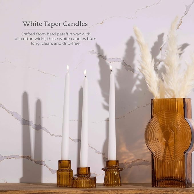 Bask 10-inch Taper Candles - Unscented and Dripless - Burns for 8 Hours - Home Decor for Dinner Table, Kitchen, and Bedroom - Perfect for a Romantic Date or Anniversary - 30-Pack - Ivory