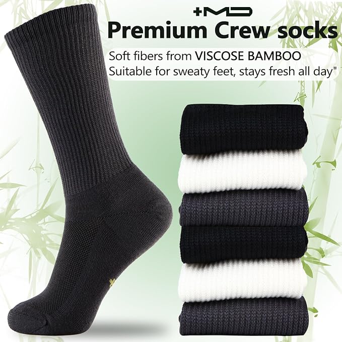 +MD Crew Socks for Men 6 Pairs, Viscose Bamboo Socks, Mens Dress Socks with Soft Cushioned, Smell Control, Black White