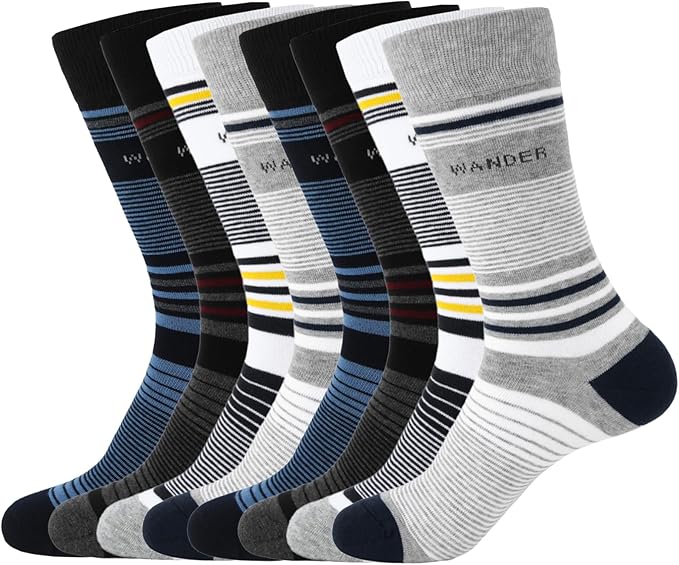 WANDER Men's Dress Socks Cotton Thin Classic Lightweight Socks 6/8 Pairs Solid & Patterned Soft Breathable Socks