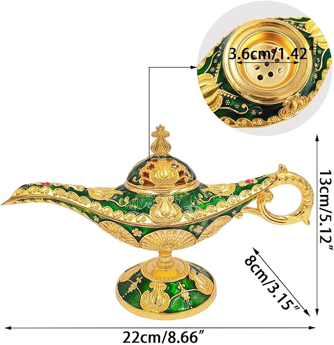 Aladdin Lamp Incense Holder Vintage Magic Genie Lamp Cone Incense Burners Legend Wishing Light for Home Decor Birthday Gift Party Green