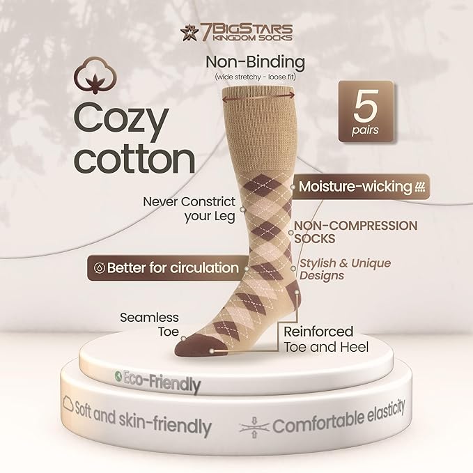 7BigStars Men's Diabetic Extra Wide Cotton Dress Business Mid Calf Socks - 5 PackBig Tall - Argyle, Stripe, Geometric - Sock Size 13-15 Shoe Size 12-15 XL Khaki, Brown