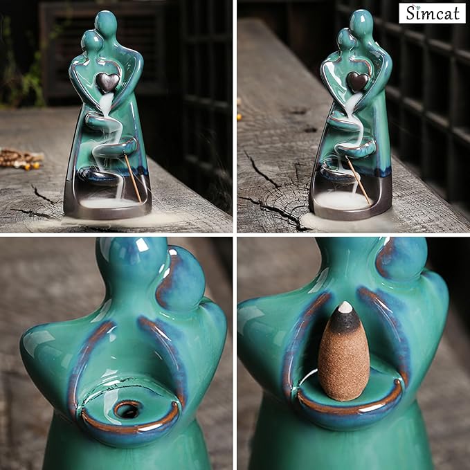 Simcat Backflow Incense Burner Holder Handicraft Hugging Lovers Incense Holder Censer Romantic Incense Waterfall Burner Decor + 20 Backflow Incense Cones 30 Incense Sticks 1 Tweezer 1 Mat