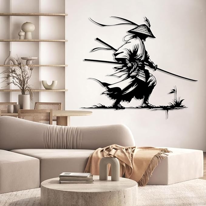 Samurai Metal Wall Art, Japanese Samurai Metal Wall Decor, Japanese Wall Art, Ninja Warrior Wall Decor, Gifts for Japan Lover, Wall Decoration for Living Room (Gold, 19"x16"/47x41cm, metal wall art)