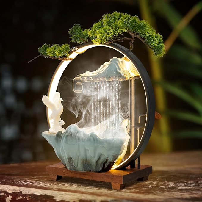 Backflow Incense Holder with Water Fountains and LED Light, Rockery, Crane and Plants Perfect for Relaxing or Home Decor