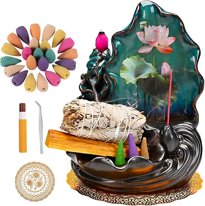 Mountain Waterfall Incense Burner，Backfall Incense Holder River, Incense Falls Meditation Decor for Room with Upgrade Incense Cones and Accessories (Applique)