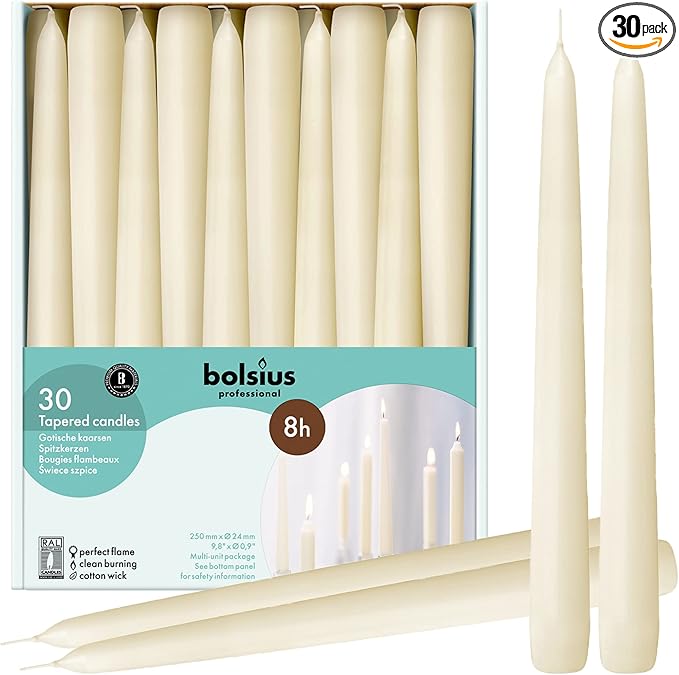 BOLSIUS 30 Count Household Ivory Taper Candles - 10 Inches - Premium European Quality - 8 Burn Hours - Bulk Pack Unscented Dripless and Smokeless Home Décor, Restaurant, Wedding, & Party Candlesticks