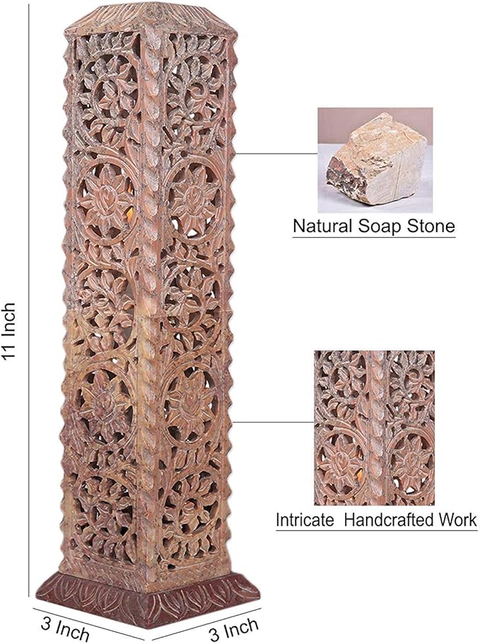 Carry Me Handmade Marble Soapstone Incense Stick Burner | Candle Stick Holder | Tea Light Stand - Floral Carving for Gifting. Decorative Incense Tower for Home and Office Decor. (3x3x11 Inches)