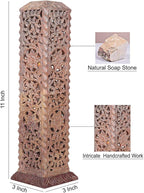 Carry Me Handmade Marble Soapstone Incense Stick Burner | Candle Stick Holder | Tea Light Stand - Floral Carving for Gifting. Decorative Incense Tower for Home and Office Decor. (3x3x11 Inches)