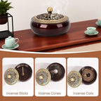 Copper Incense Burner with Stick Holder, Incense Stick Holder Cone Coil Holder with Fireproof Cotton for Madiation Yoga Spa Home Office Decor (Brown)