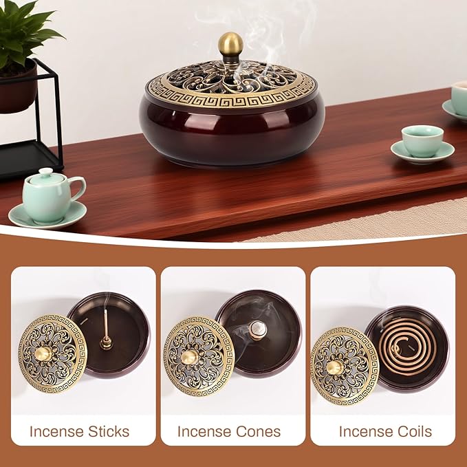 Copper Incense Burner with Stick Holder, Incense Stick Holder Cone Coil Holder with Fireproof Cotton for Madiation Yoga Spa Home Office Decor (Brown)