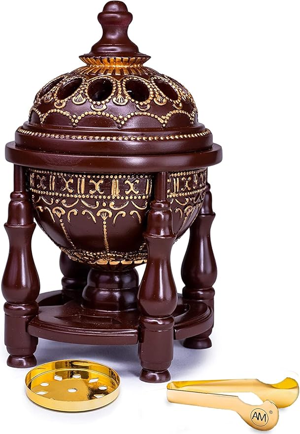 AM Charcoal Incense Burner - Bakhoor Burner, Oud Frankincense Resin Burner for Office & Home Decor - Lavish 4 Pillar (Brown)