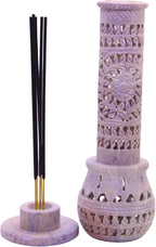 Carry Me Marble Soapstone Incense Stick Holder | Candle Burner | Tea Light Stand - Perfect Handmade Bottle Tower. Decorative Floral Carving for Gifting - Home and Office Decor - (2.5x2.5x10 Inches)