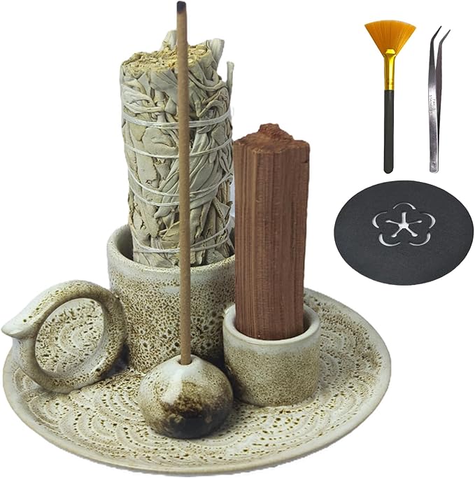 4 in 1 Incense Burner Holder for Sticks, Palo Santo Sticks Holder, Candle and Sage Holder for Burning Ceramic Ash Catcher Tray for Meditation Yoga Room Home Decor (Gray)