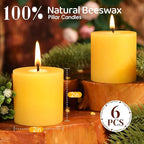 2x2 in Beeswax Pillar Candle- 6pcs, 120-Hour Burn Time Beeswax Candles, Natural Honey Scent, Bees Wax Candles for Meditation, No Odor, Burning Releases Negative Ions to Purify The Air