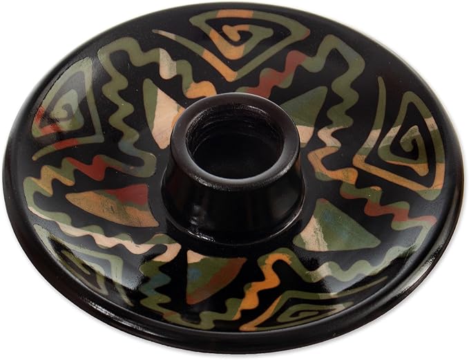 NOVICA Artisan Handmade Ceramic Incense Holder Geometric Round Green Peru 'Ancestral Constellation'