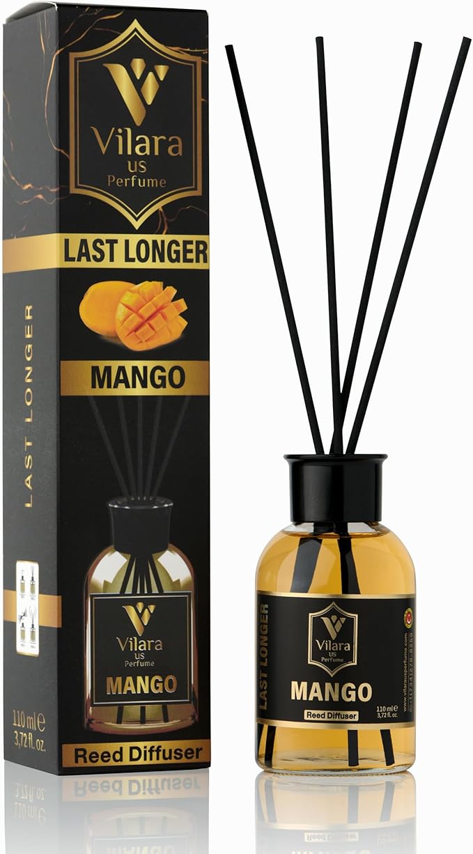Mango Reed Diffuser Sticks and Bottle - Tropical-Scented Reed Diffusers for Home, Bathroom, Bedroom, Office - Luxury Home Fragrance Products & Decor - Long-Lasting Scent - 3.72 fl oz