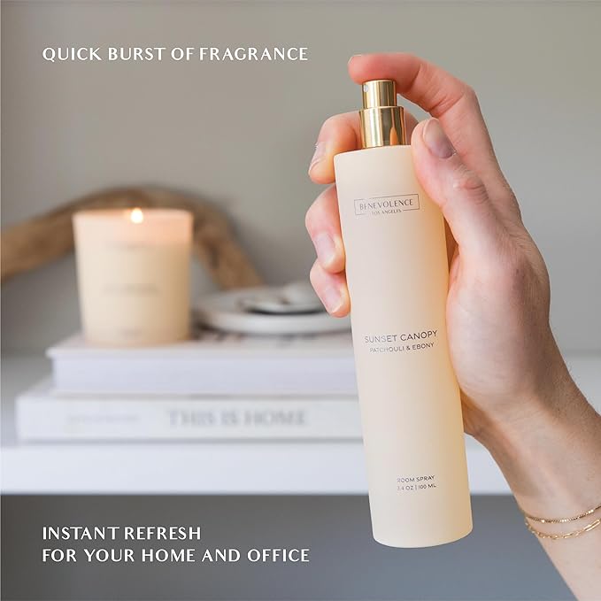 Benevolence LA Sunset Canopy Room Spray | Patchouli & Ebony | 3.4oz | Versatile Home Fragrance, Pillow & Linen Spray | Low VOC, No Alcohol | Malibu Sands Collection