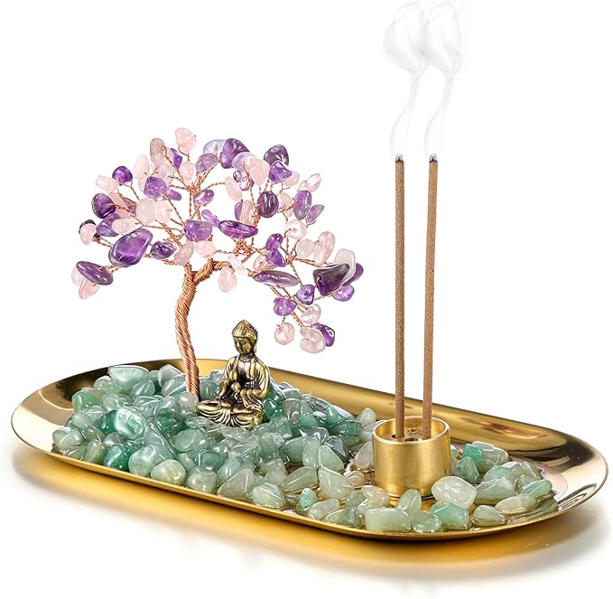 Jovivi Crystal Incense Holder for Sticks, Mixed Healing Crystal Stone Money Tree Buddha Statue Set Incense Burner, Incense Trays for Wealth, Good Luck,Yoga Meditation Home Decor