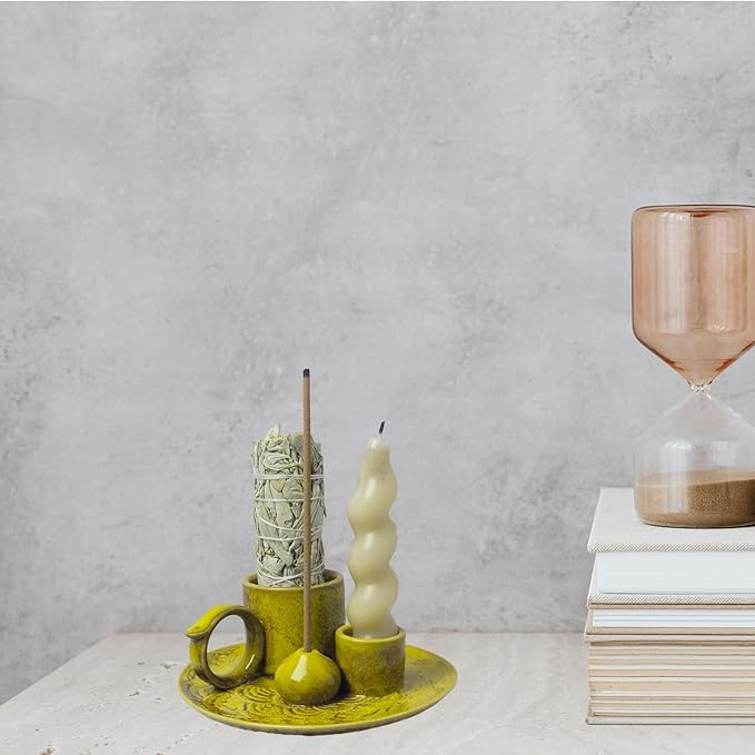 4 in 1 Incense Burner Holder for Sticks, Palo Santo Sticks Holder, Candle and Sage Holder for Burning Ceramic Ash Catcher Tray for Meditation Yoga Room Home Decor (Yellow)