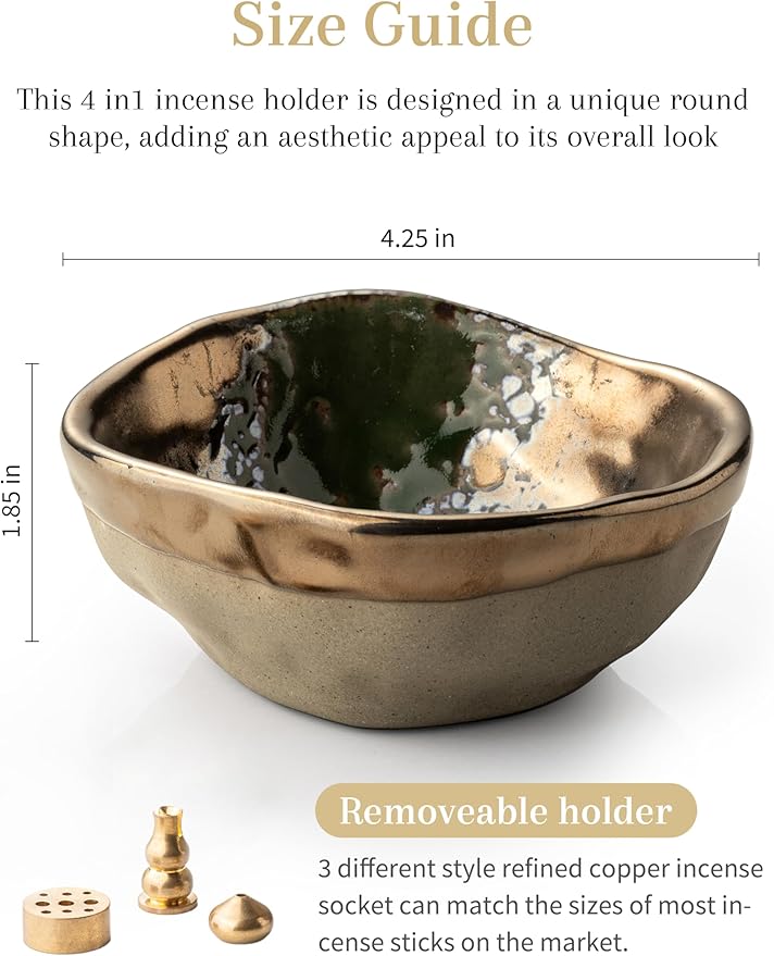 4.25 Inch Incense Holder, Ceramic 4 in 1 Incense Burner, Incense Holder for Sticks with 3 Incense Sockets, Modern Insence-Stick Holder for Bulk Incense, Palo Santo, Gold
