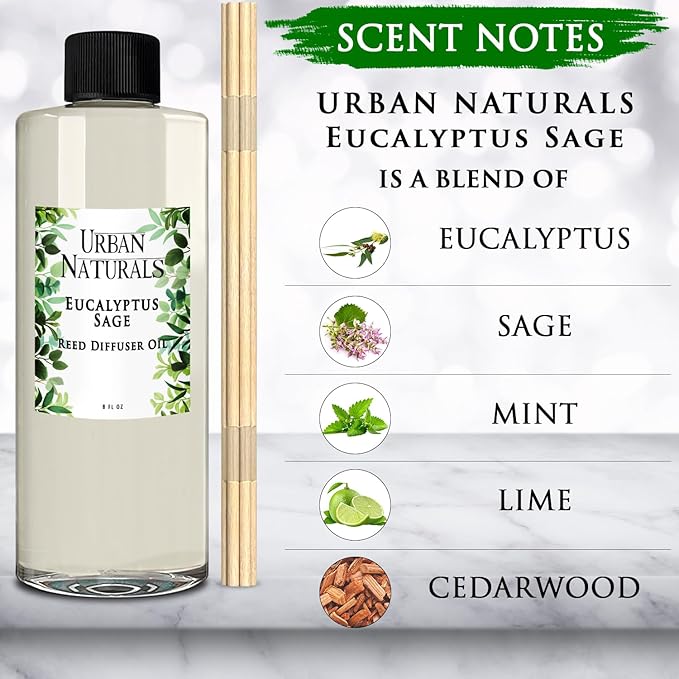 Urban Naturals Reed Diffuser Oil Refill Eucalyptus Sage with Mint, Lime, Cedarwood 8 oz + Free Reed Sticks, Made in The USA