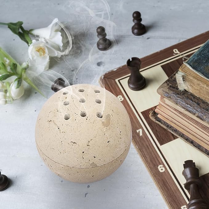 ELLDOO Natural Travertine Incense Cone Holder, Home Decor Handmade Ball Shape Incense Burner for Yoga Meditation SPA Reading, Beige